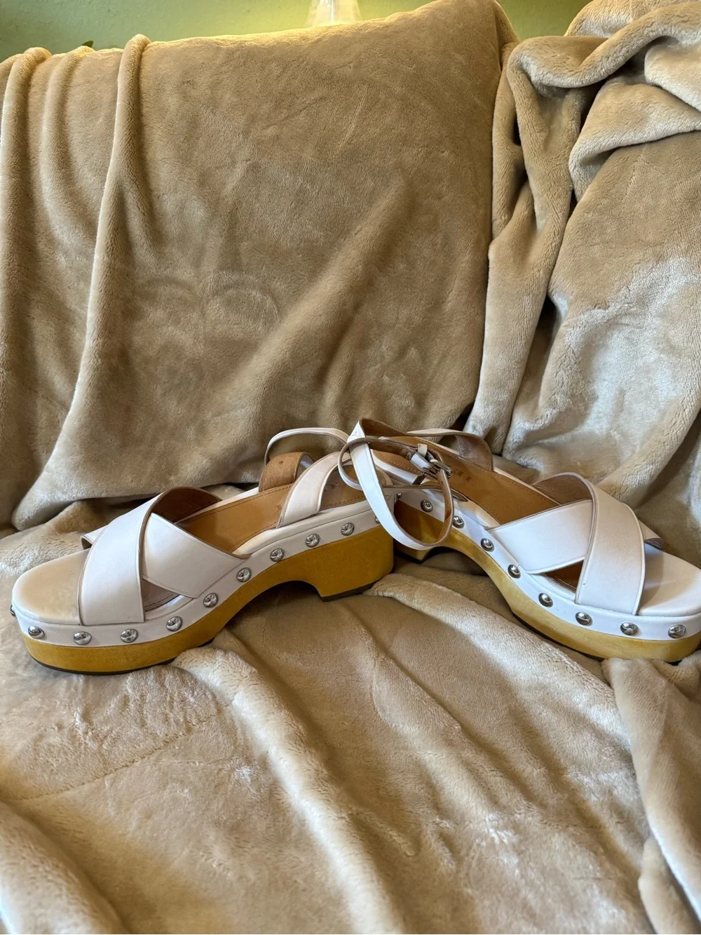 Coach Astor Cream Leather Wood Platform Sandal with Stud Accents